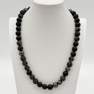 Heavy Black Beaded Stone Necklace Lava Rock Matte Onyx Jasper Hematite Unisex